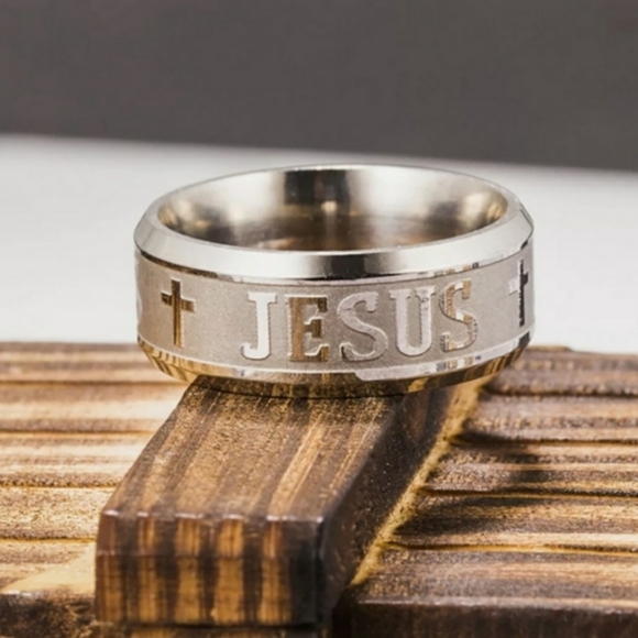 Silver Stainless Steel JESUS Insignia Emblem Embossed Engraved 8mm 8mm Band Ring - Picture 4 of 14